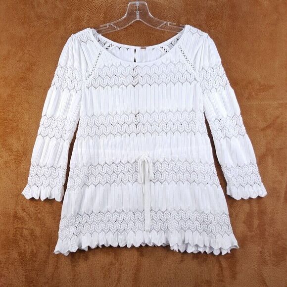 FREE PEOPLE Womens Top Small White Pullover Peplum Sheer Stretch FIRE ISLAND - Picture 3 of 11